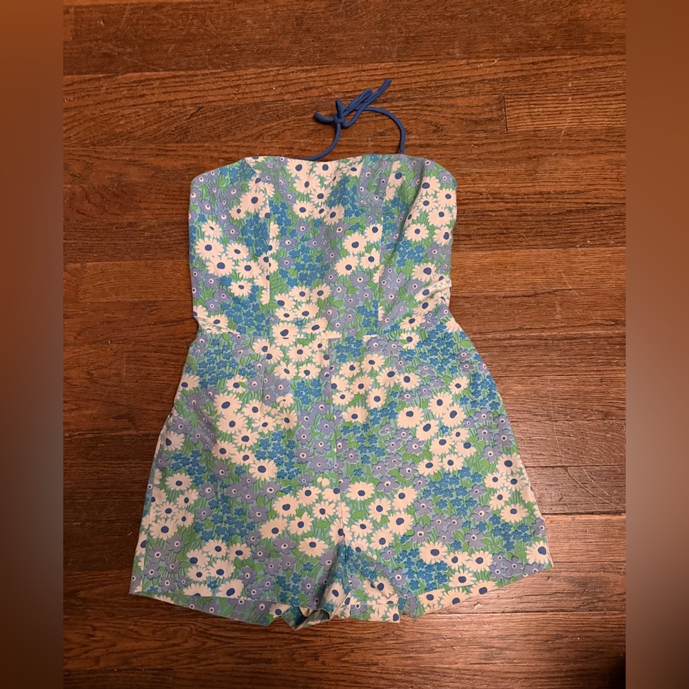 Floral Strapless Romper in Blue and Green
